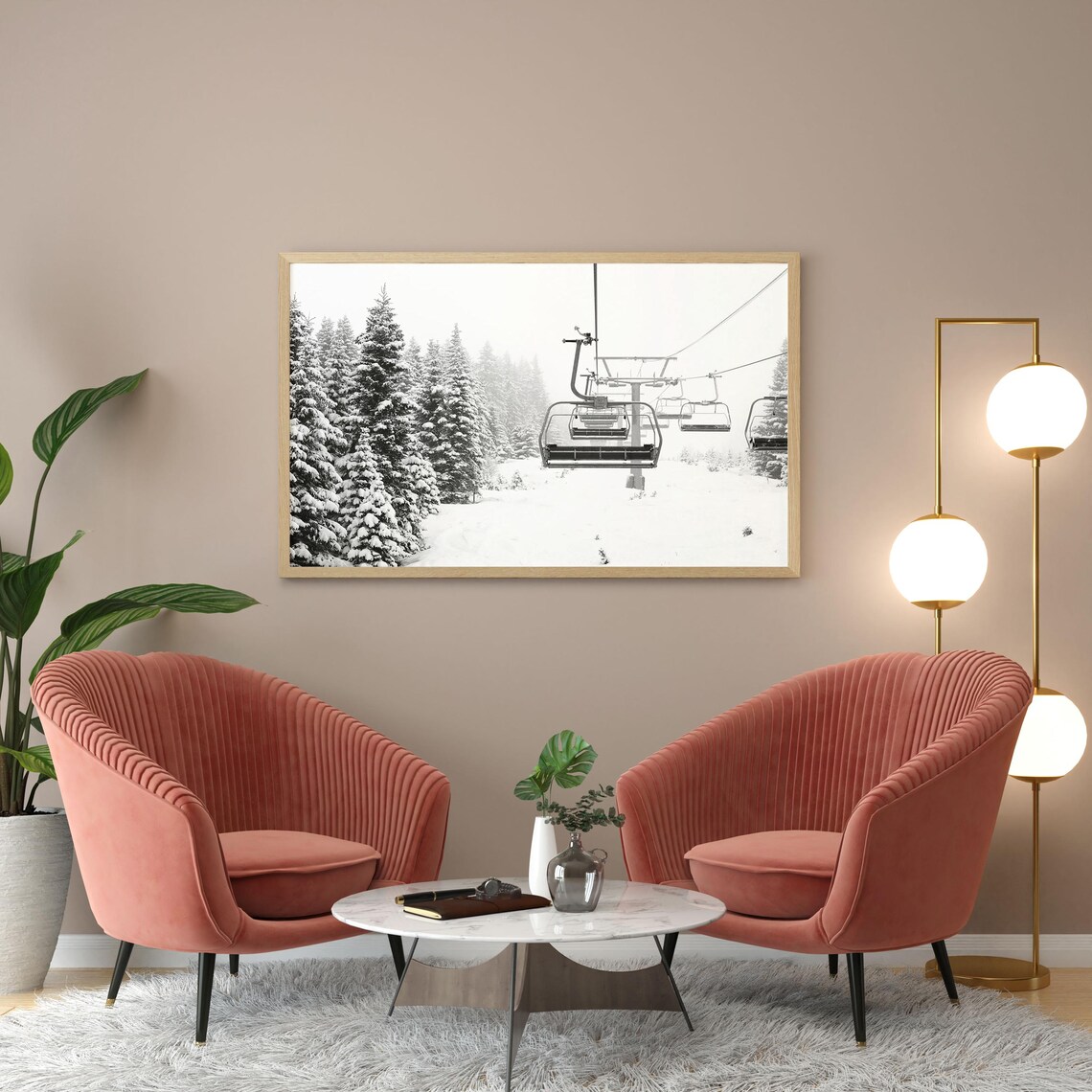 Black And White Winter Ski Lift Mountain Art Print - Image 2