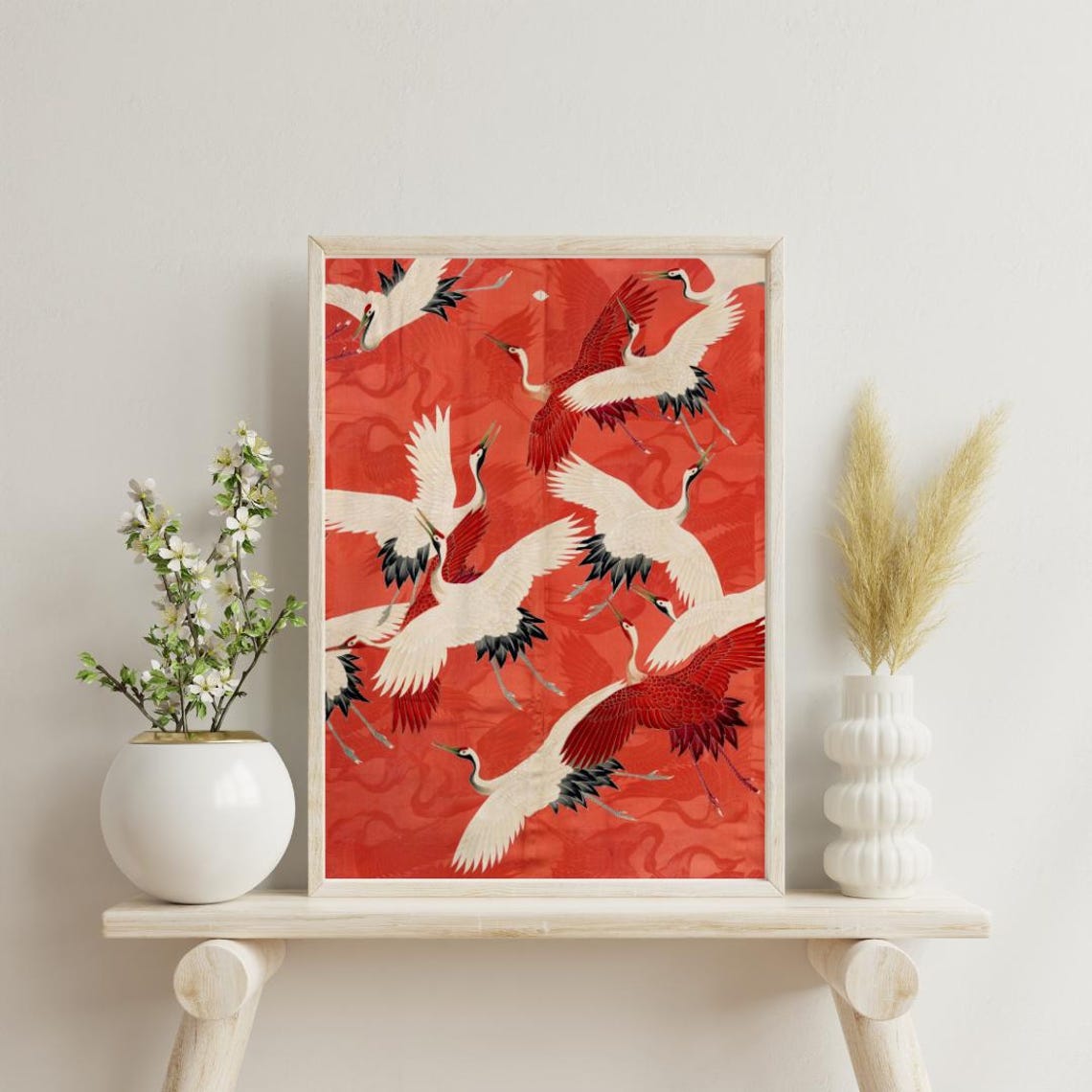 Japanese Red and White Cranes Flying on Crimson Vintage Art Poster - Image 5
