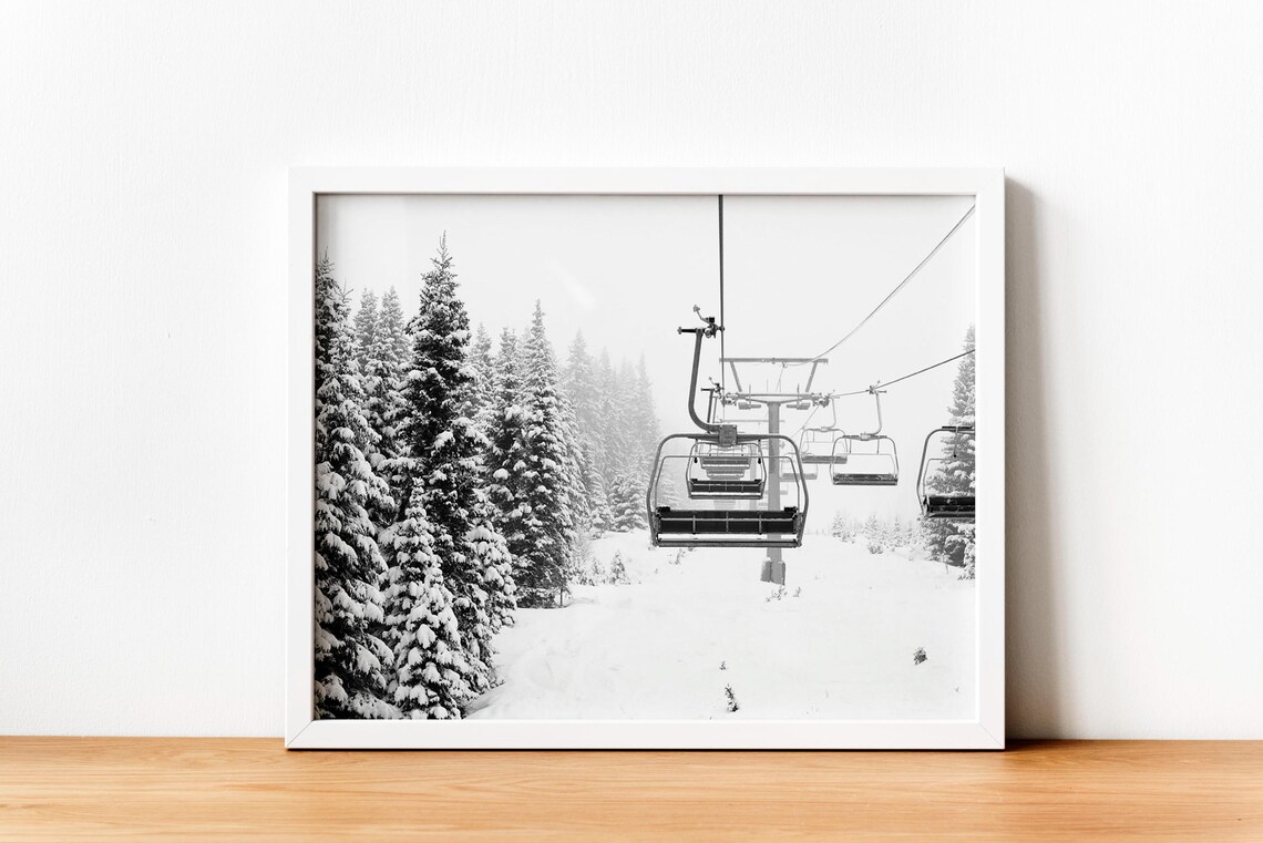 Black And White Winter Ski Lift Mountain Art Print - Image 4