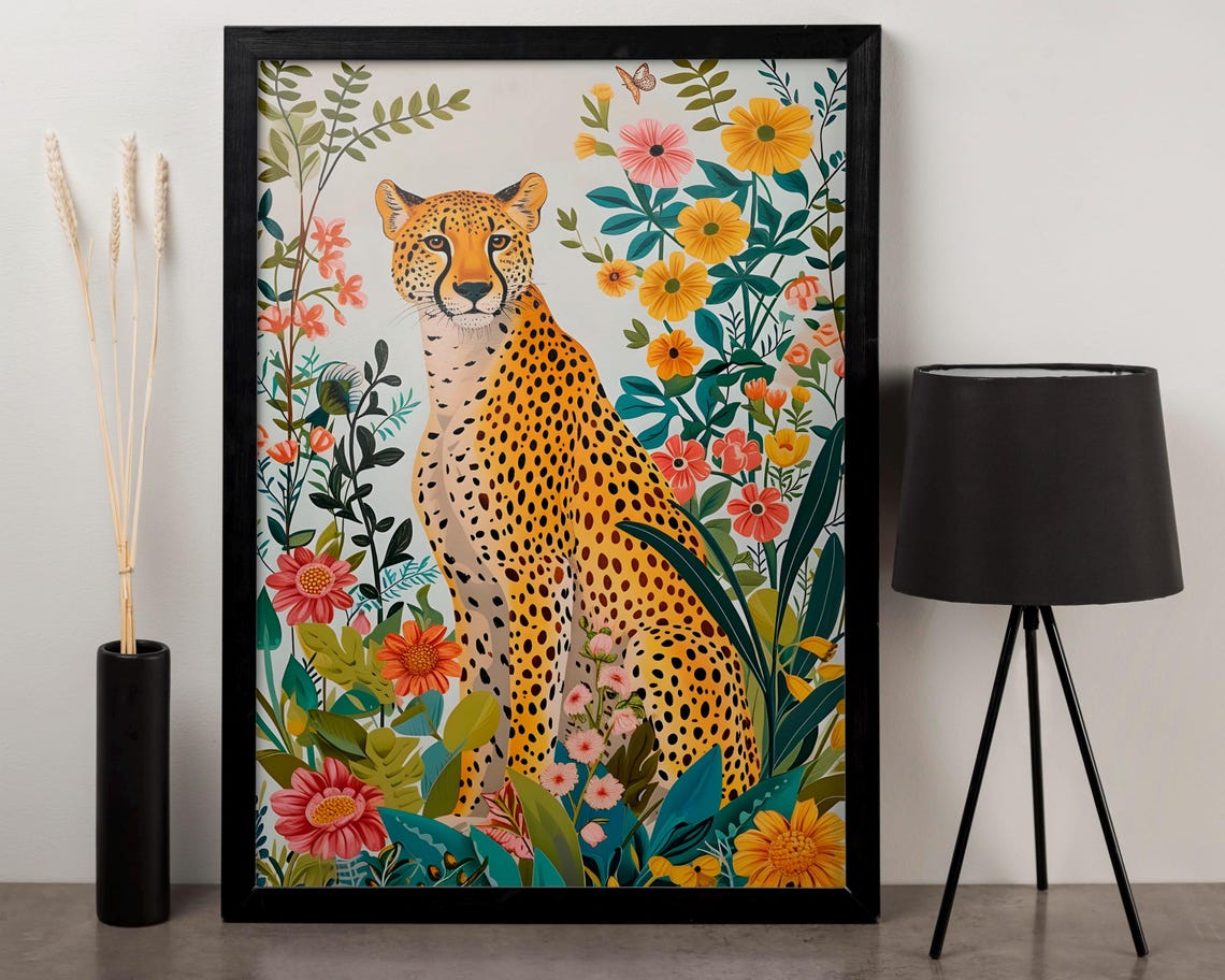 Cheetah Among Tropical Flowers Botanical Style Boho Wildlife Wall Art - Image 2
