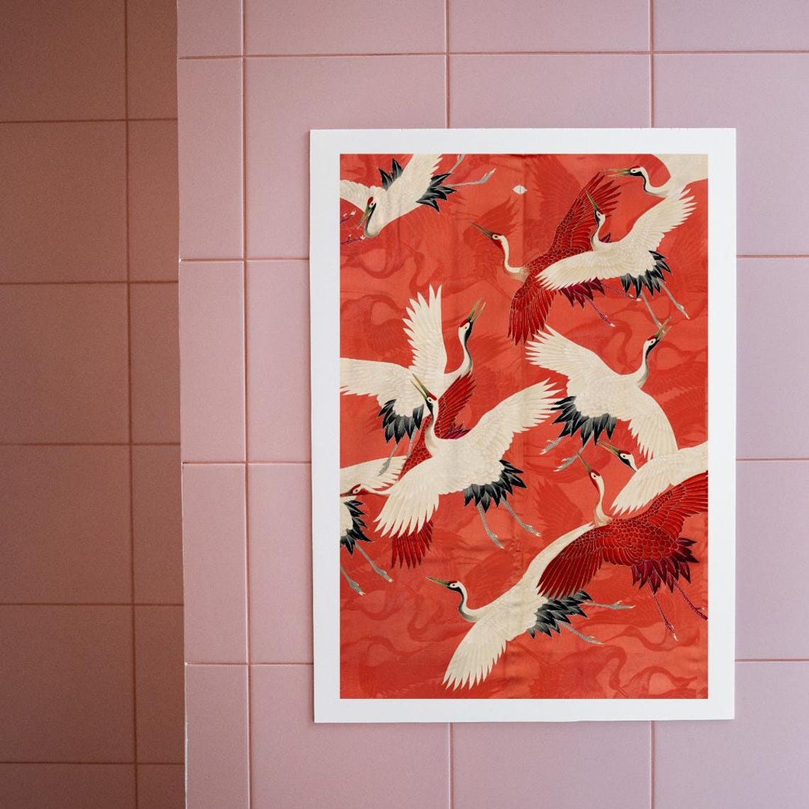 Japanese Red and White Cranes Flying on Crimson Vintage Art Poster - Image 2