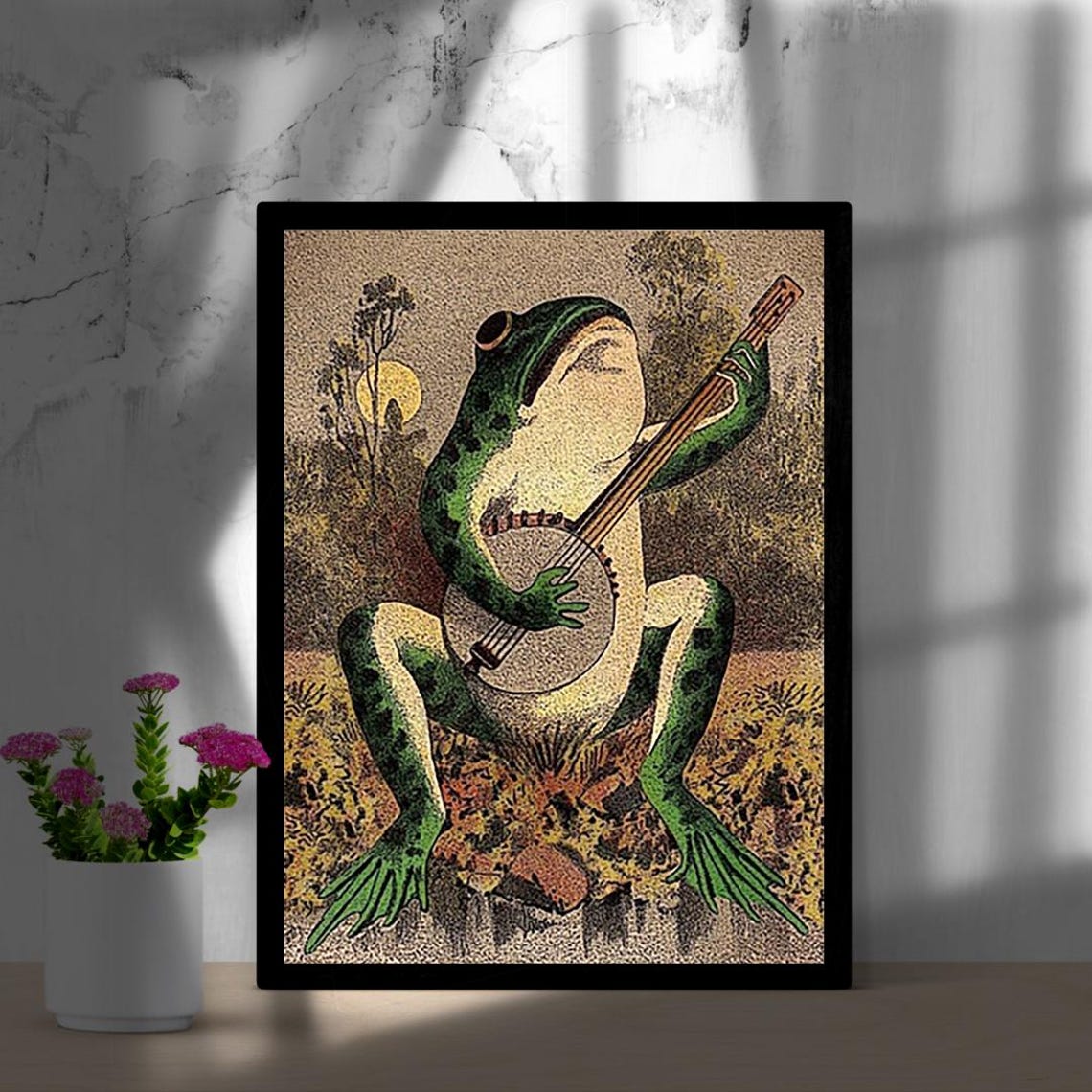 Vintage Frog Playing Banjo Under the Moonlight Illustration Poster - Image 4