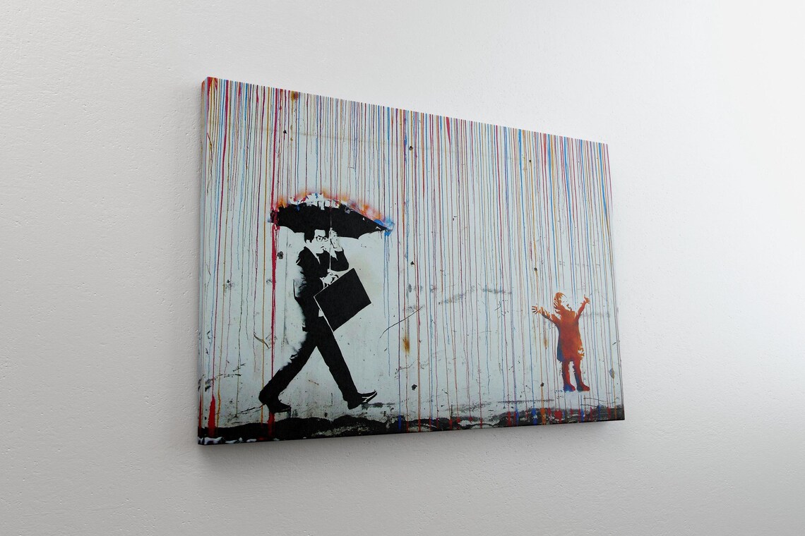 Umbrella Man And Child In Rain Colorful Street Art Canvas Poster - Image 5