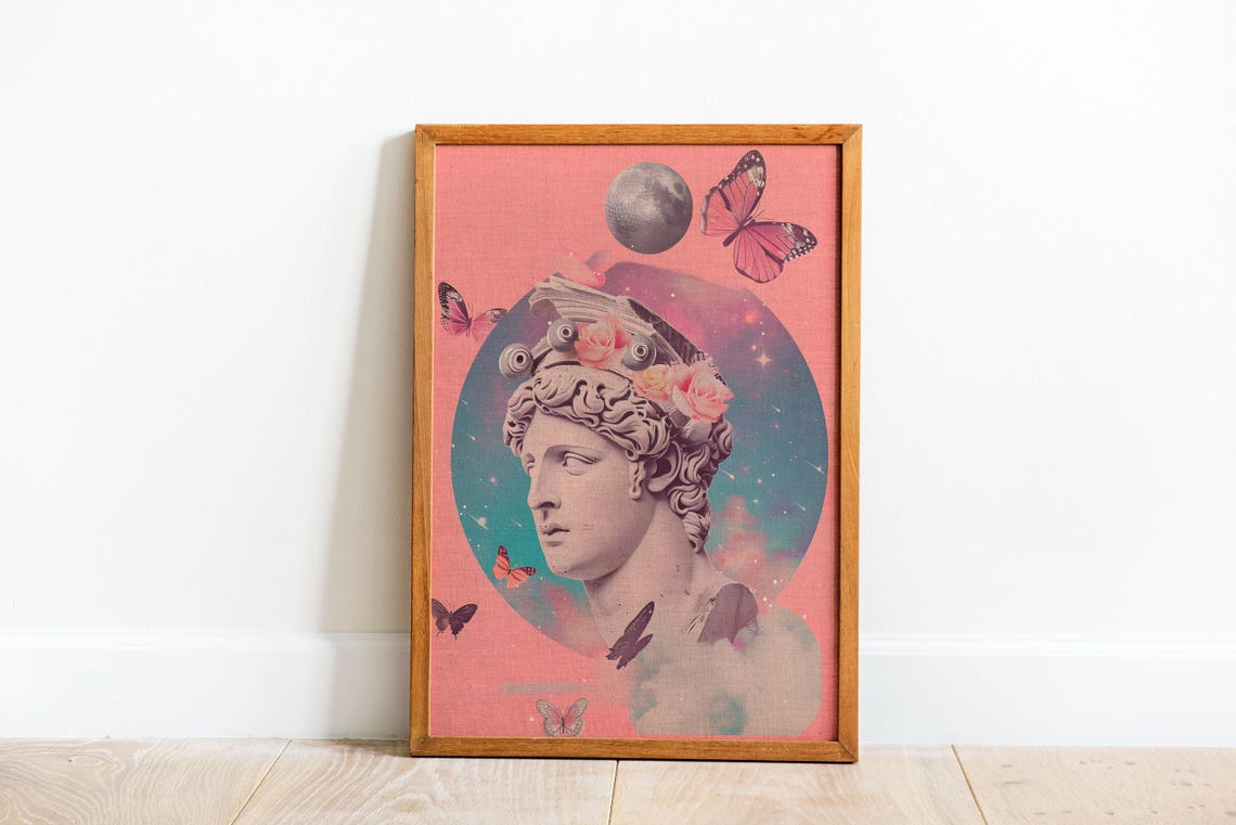 Greek Statue Bust With Butterflies And Moon Pink Pop Collage Poster - Image 3