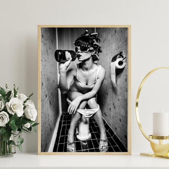 Funny Woman Drinking on Toilet Quirky Bathroom Photography Poster