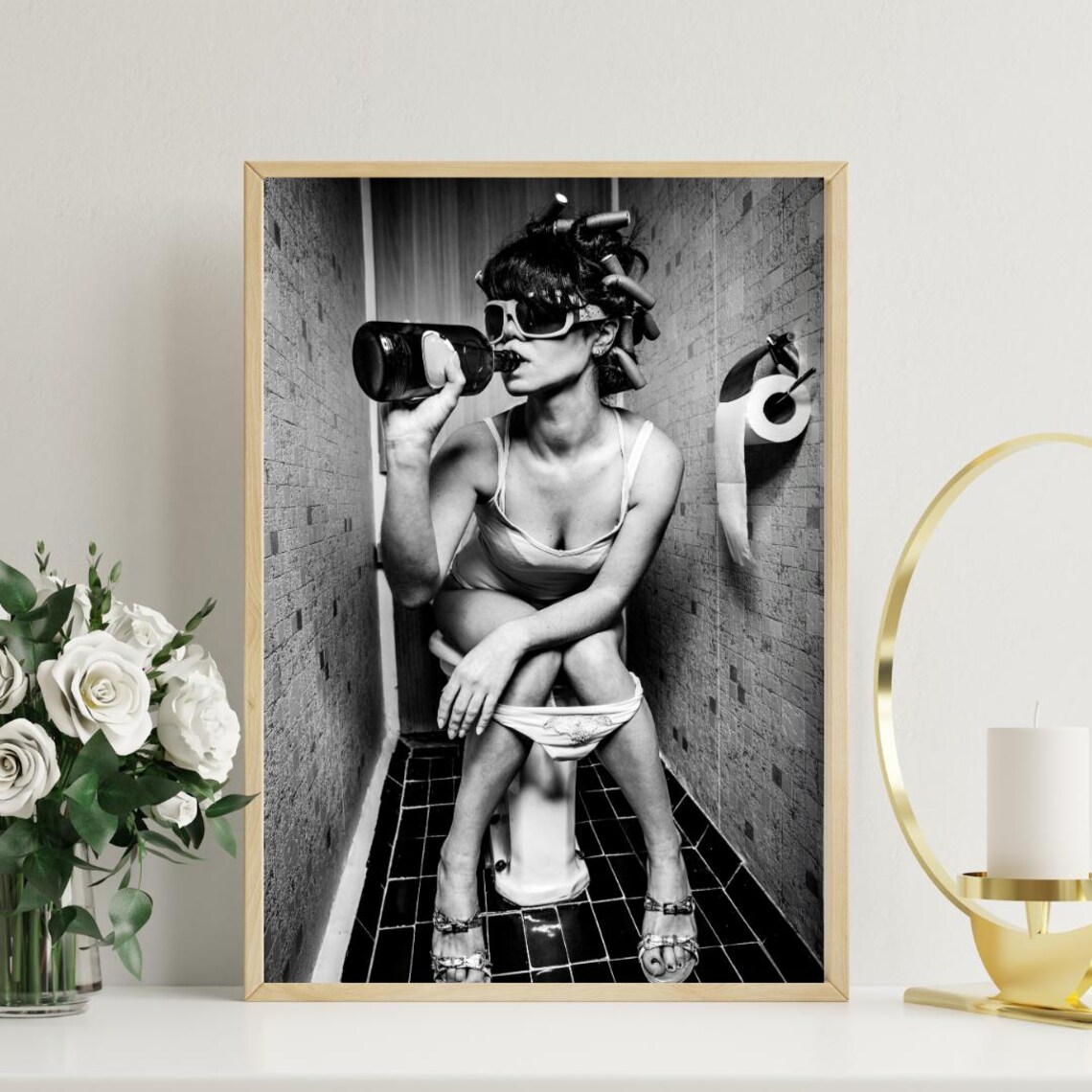 Funny Woman Drinking on Toilet Quirky Bathroom Photography Poster