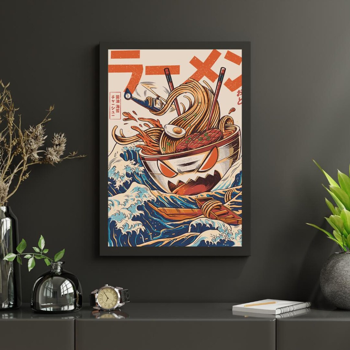 Japanese Ramen Bowl Riding Great Waves Fun Monster Food Art Poster - Image 3