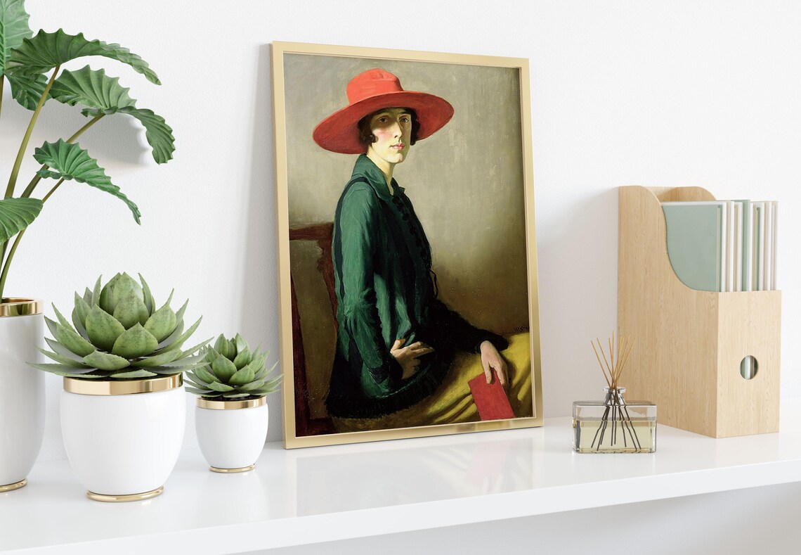 Woman In Red Hat And Green Jacket Vintage Oil Portrait Art Poster - Image 2