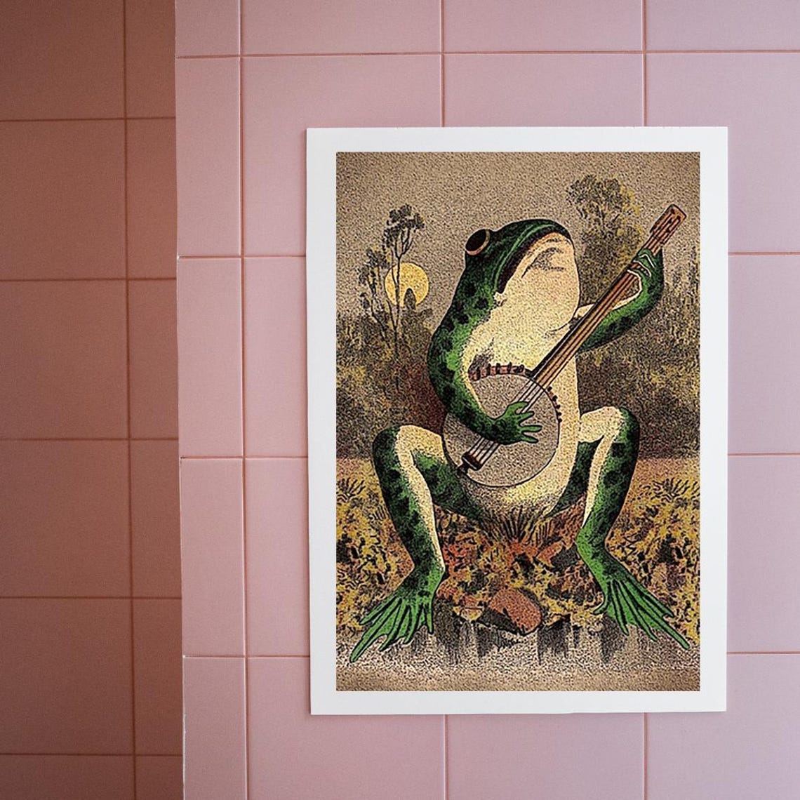 Vintage Frog Playing Banjo Under the Moonlight Illustration Poster - Image 2