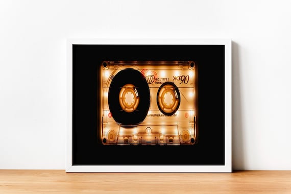 Glowing Retro Cassette Tape On Black Background Vintage Music Art Poster