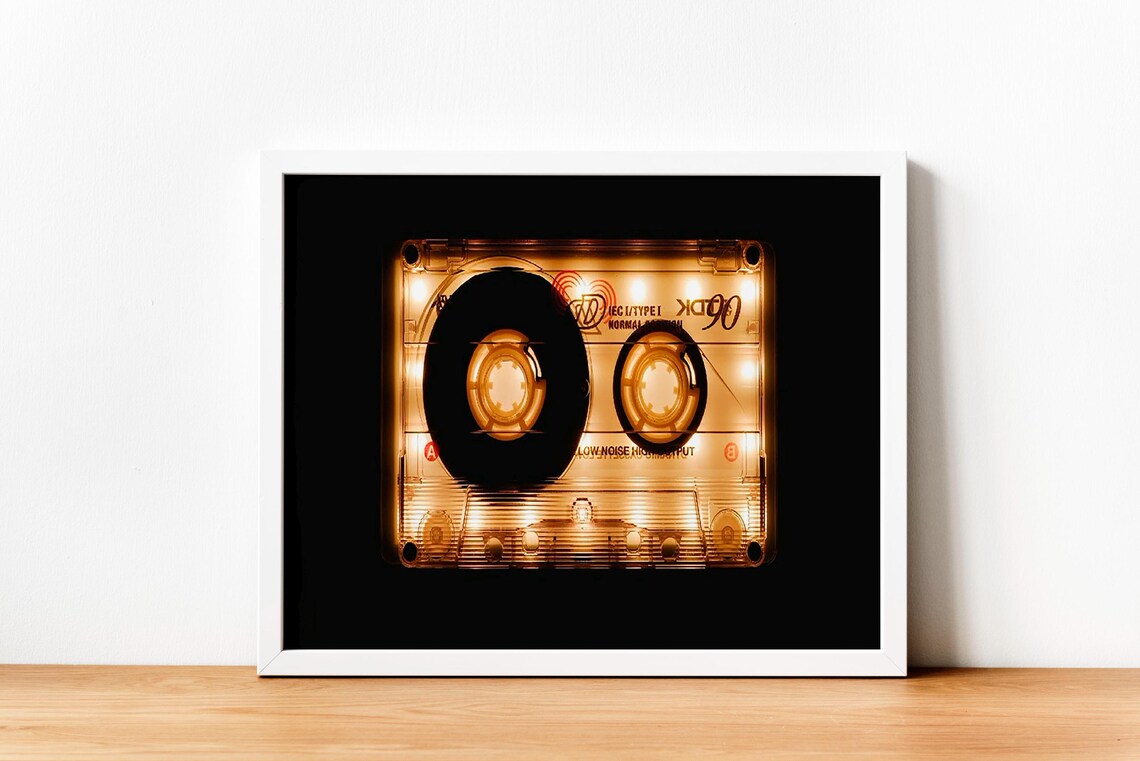 Glowing Retro Cassette Tape On Black Background Vintage Music Art Poster