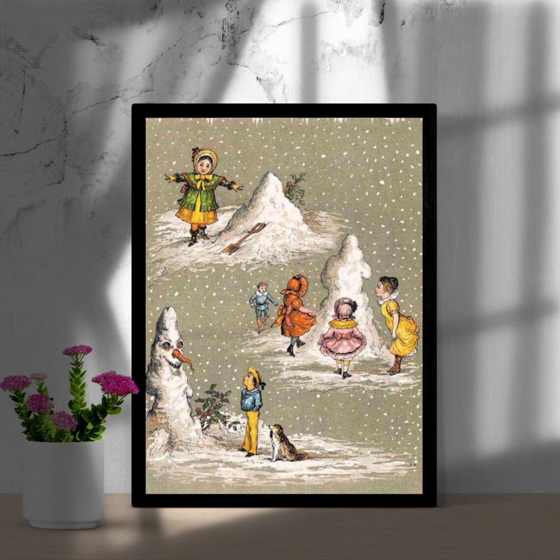 Victorian Children Building Snowmen in the Snow Vintage Winter Poster - Image 2