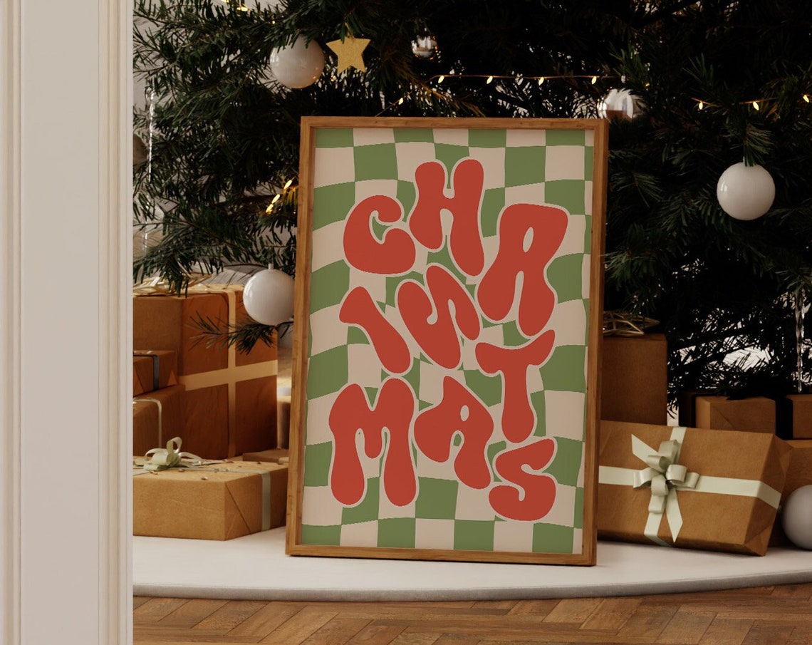 Retro Christmas Bubble Letter Checkered Green Print Holiday Decor