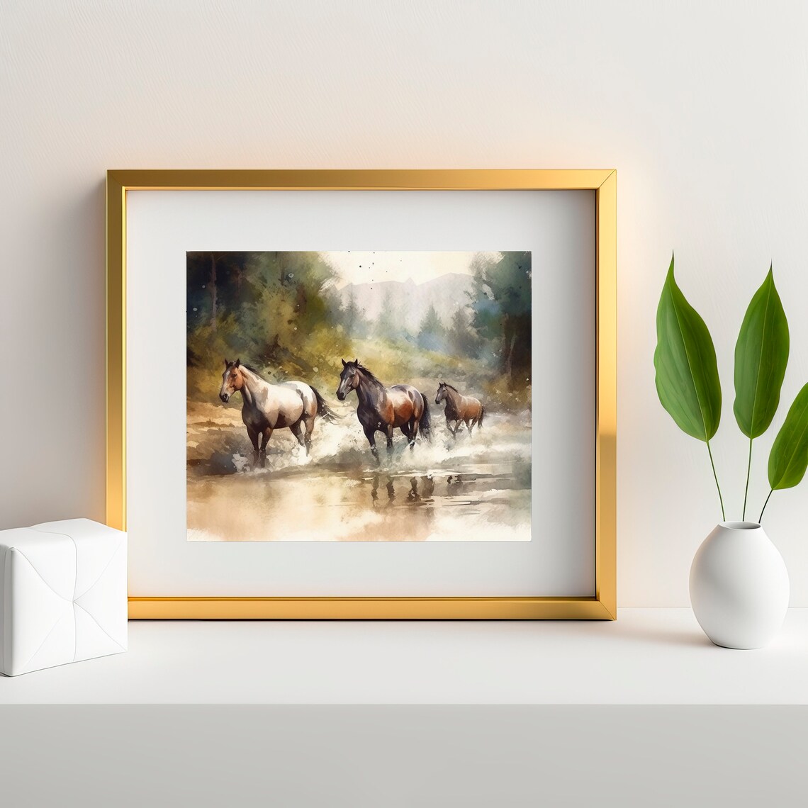 Three Wild Horses Running Through Water Watercolor Nature Poster - Image 3