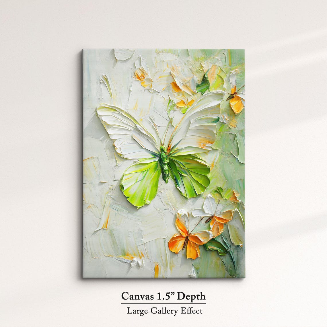 White Green Butterfly Impasto Oil Painting Nature Elegance Wall Art - Image 3