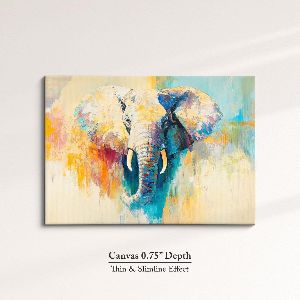 Elephant Head Abstract Oil Painting Pastel Yellow Blue Turquoise Print - Image 4
