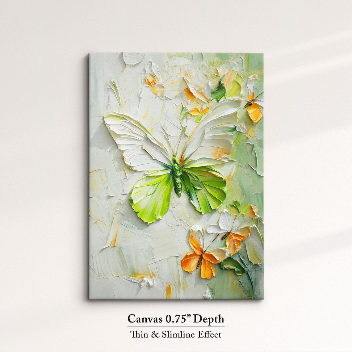 White Green Butterfly Impasto Oil Painting Nature Elegance Wall Art - Image 4