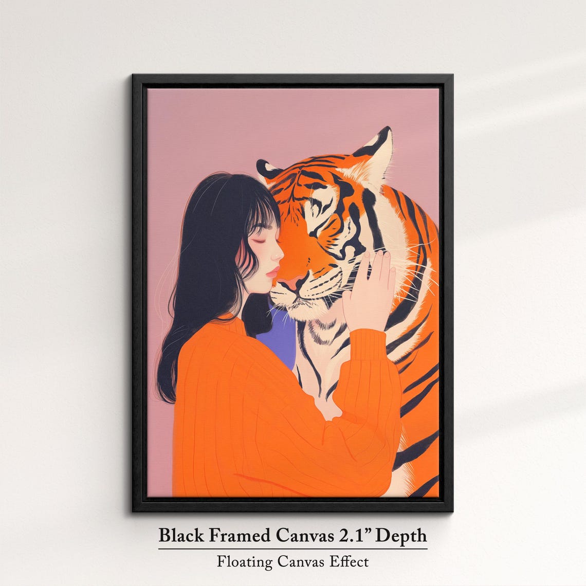 Woman Embracing Tiger Gentle Pink Background Modern Illustration Print - Image 2