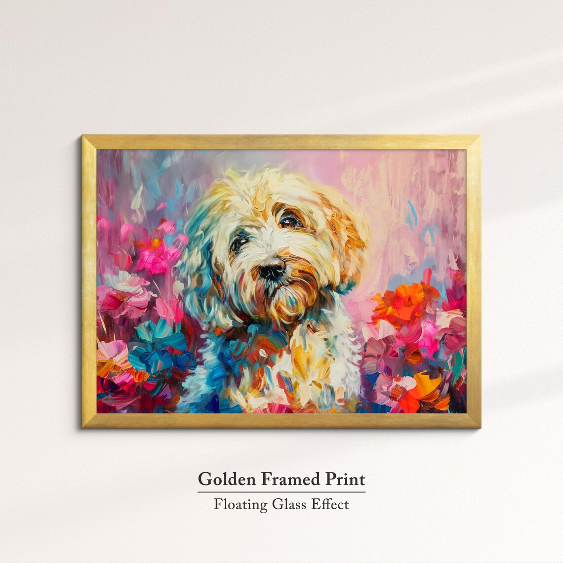Fluffy White Cockapoo Dog Flowers Colorful Oil Painting Wall Art - Image 5