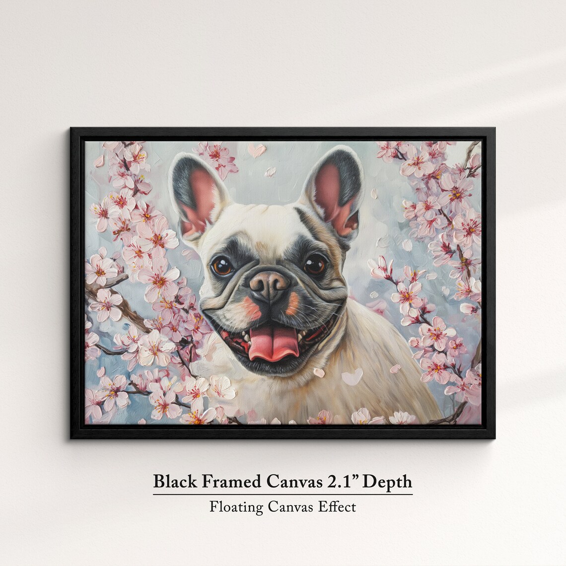 Cream French Bulldog Big Smile Among Pink Blossoms Soft Art Poster - Image 2
