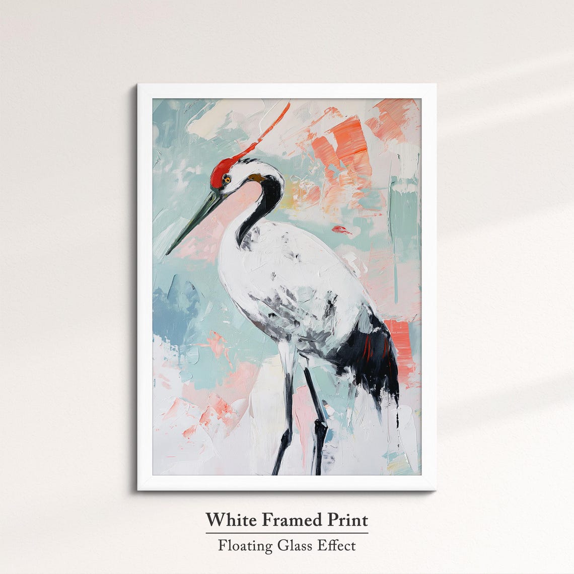 Red Crowned Crane Elegant Pastel Abstract Bird Painting Wall Art - Image 7