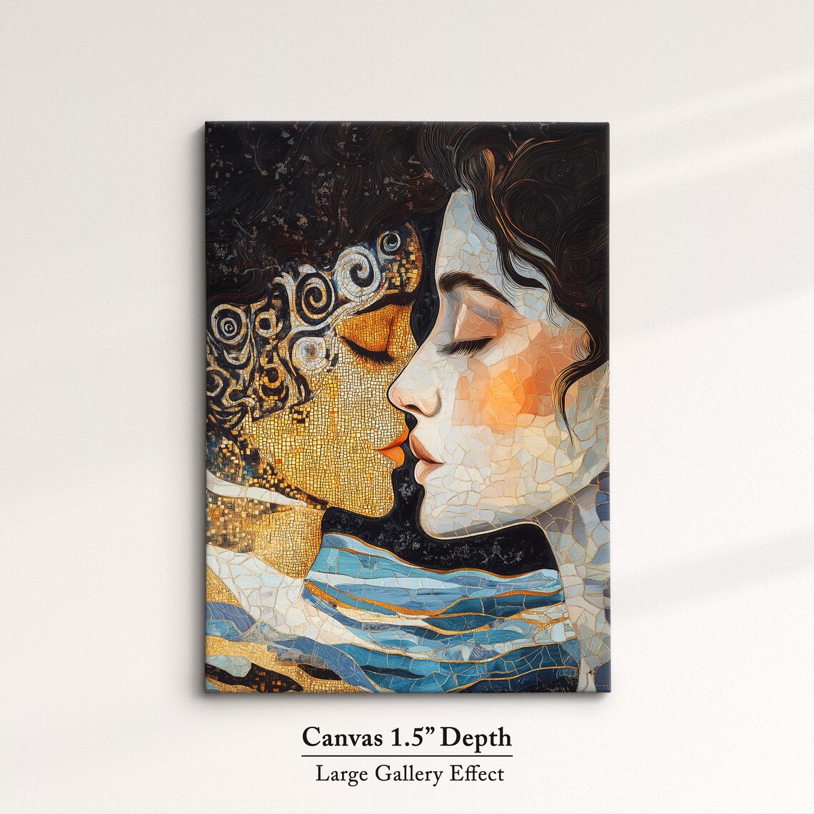 Golden Mosaic Couple Faces Art Nouveau Romantic Embrace Wall Art Print - Image 3
