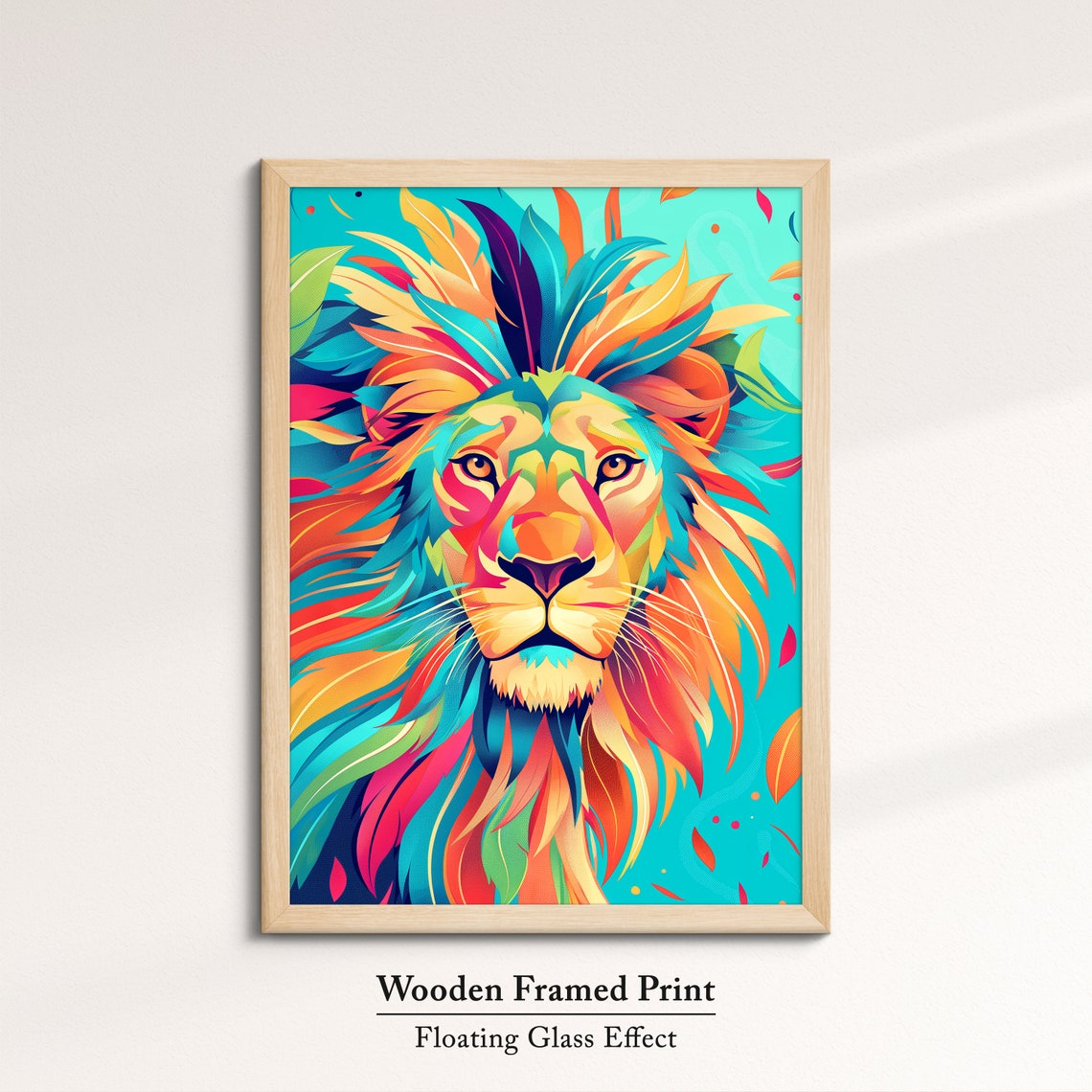 Colorful Lion Face Front Rainbow Feather Mane Teal Art Poster - Image 6