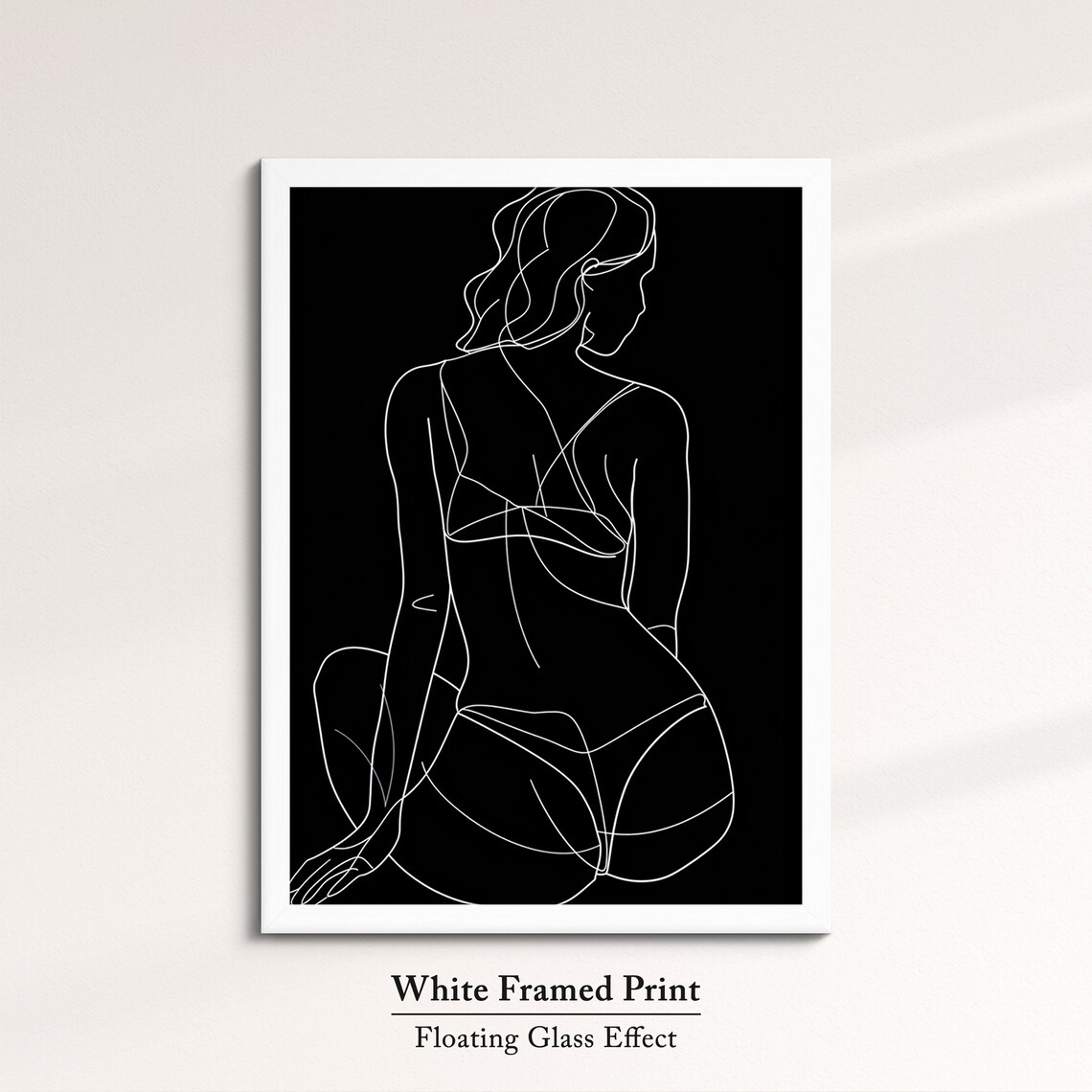 Seated Woman From Behind White Line On Black Dramatic Minimalist Wall Art Print - Image 7