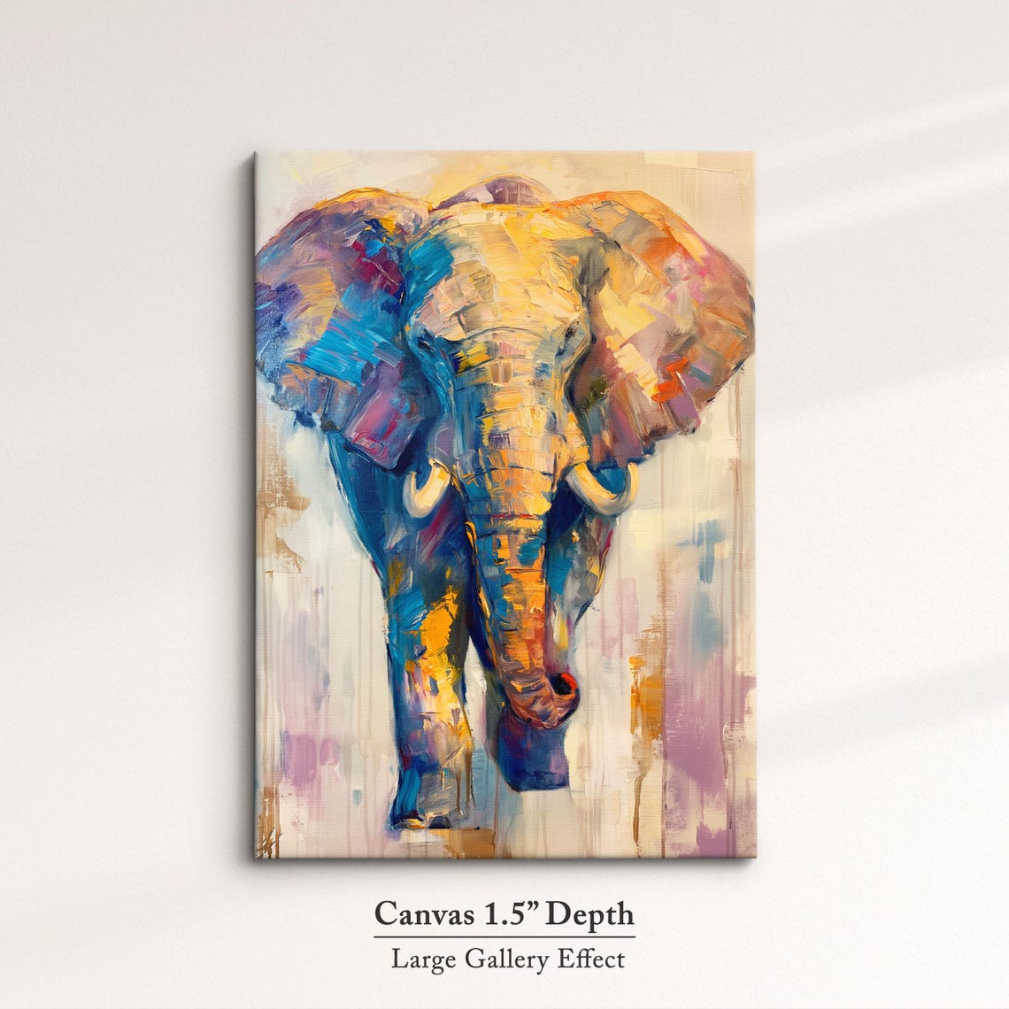 Elephant Front Portrait Golden Blue Pink Brushstroke Wall Art - Image 3