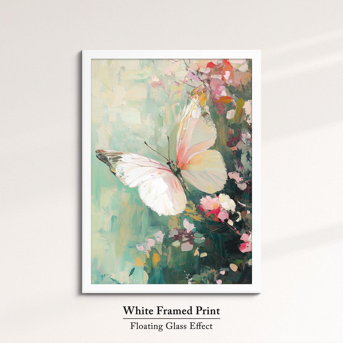 White Pink Butterfly Among Blossoms Teal Garden Oil Painting Poster - Image 7