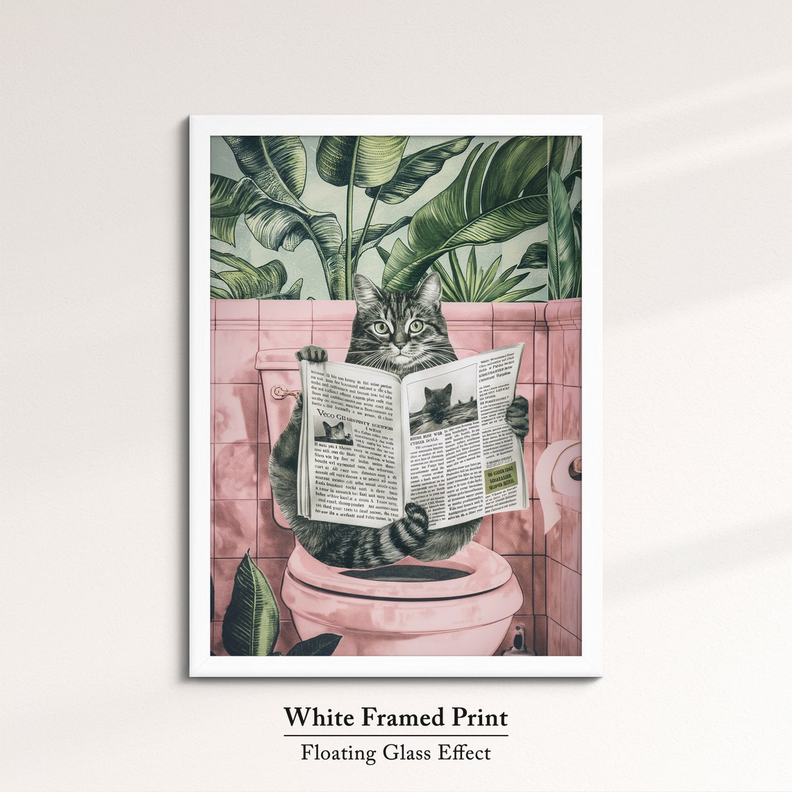 Funny Tabby Cat Reading Newspaper On Toilet Pink Bathroom Art Poster - Image 7
