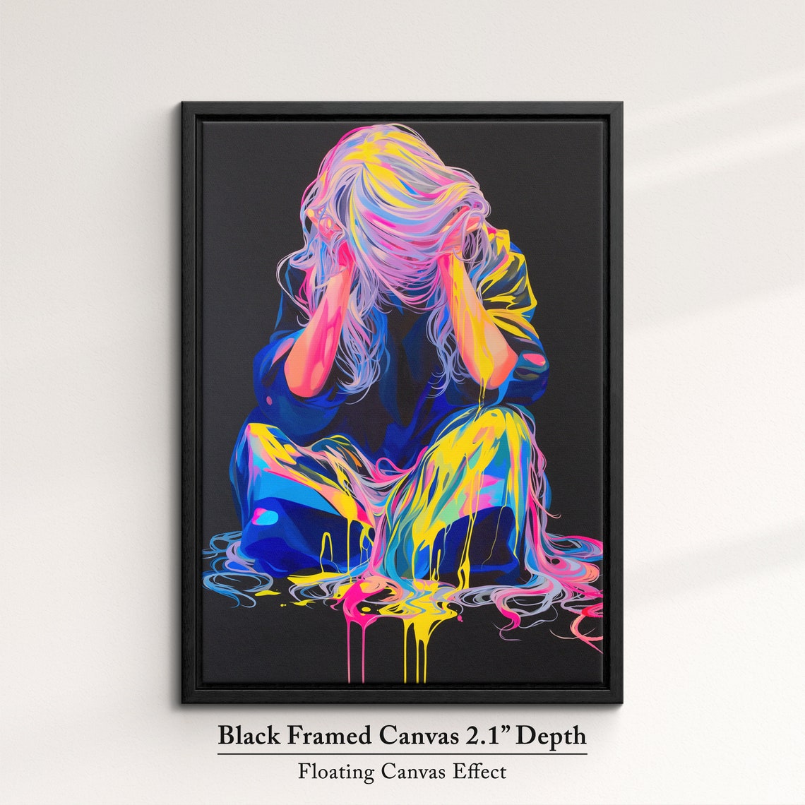 Neon Paint Splash Seated Woman With Long Flowing Hair Dark Art Poster - Image 2