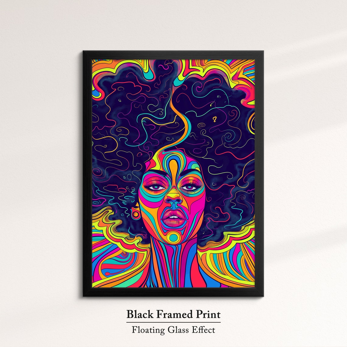Psychedelic Afro Woman Portrait In Rainbow Colors On Black Art Poster - Image 8