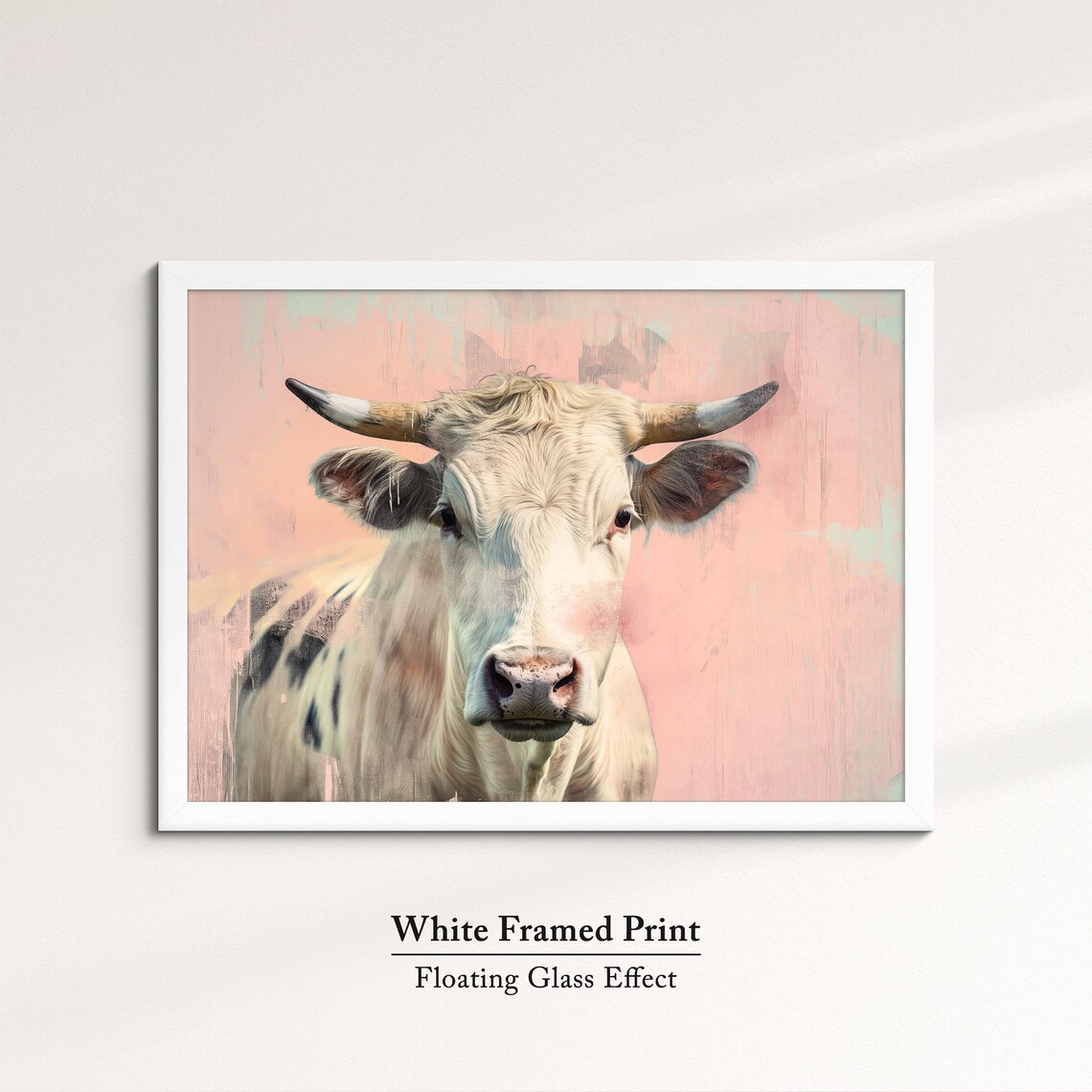 White Horned Cow Pink Pastel Farm Animal Portrait Painting Art Poster - Image 7