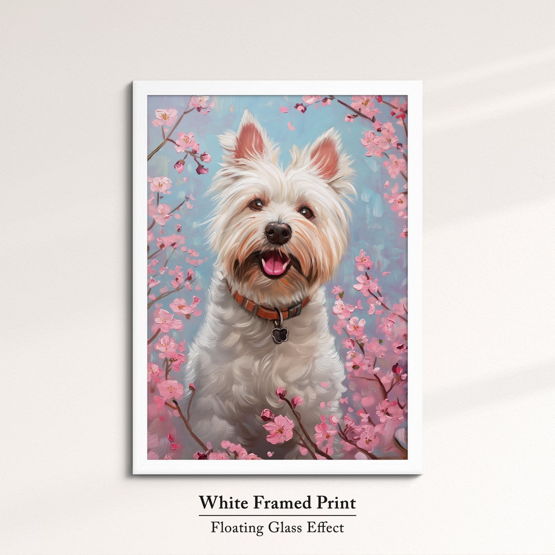 Happy Westie With Orange Collar In Pink Blossoms Blue Sky Poster - Image 7