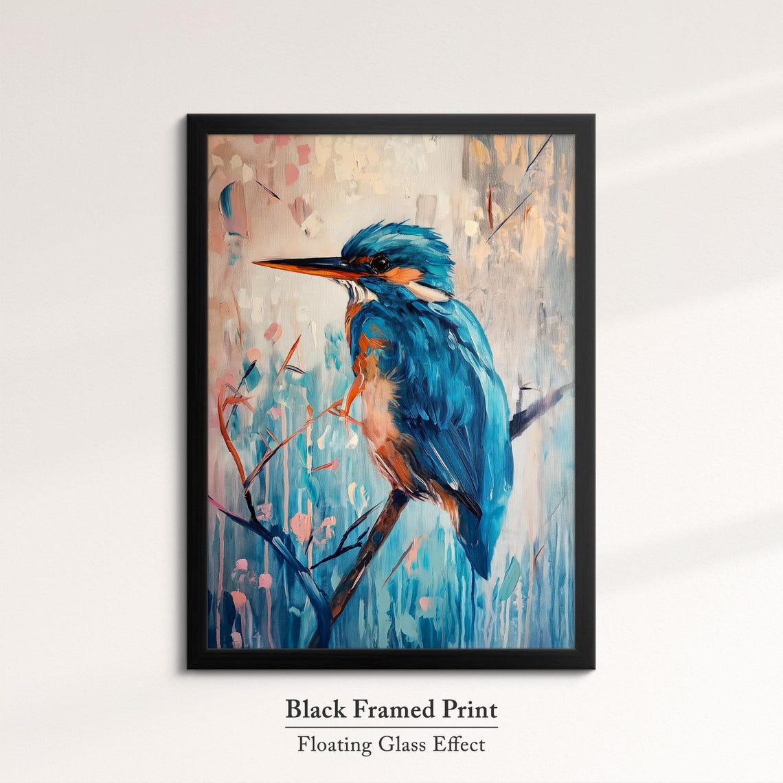 Kingfisher Blue Perched Branch Pink Teal Abstract Bird Painting Poster - Image 8
