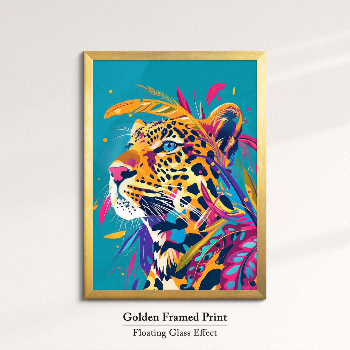 Leopard Side Profile With Feathers Teal Background Wildlife Poster - Image 5