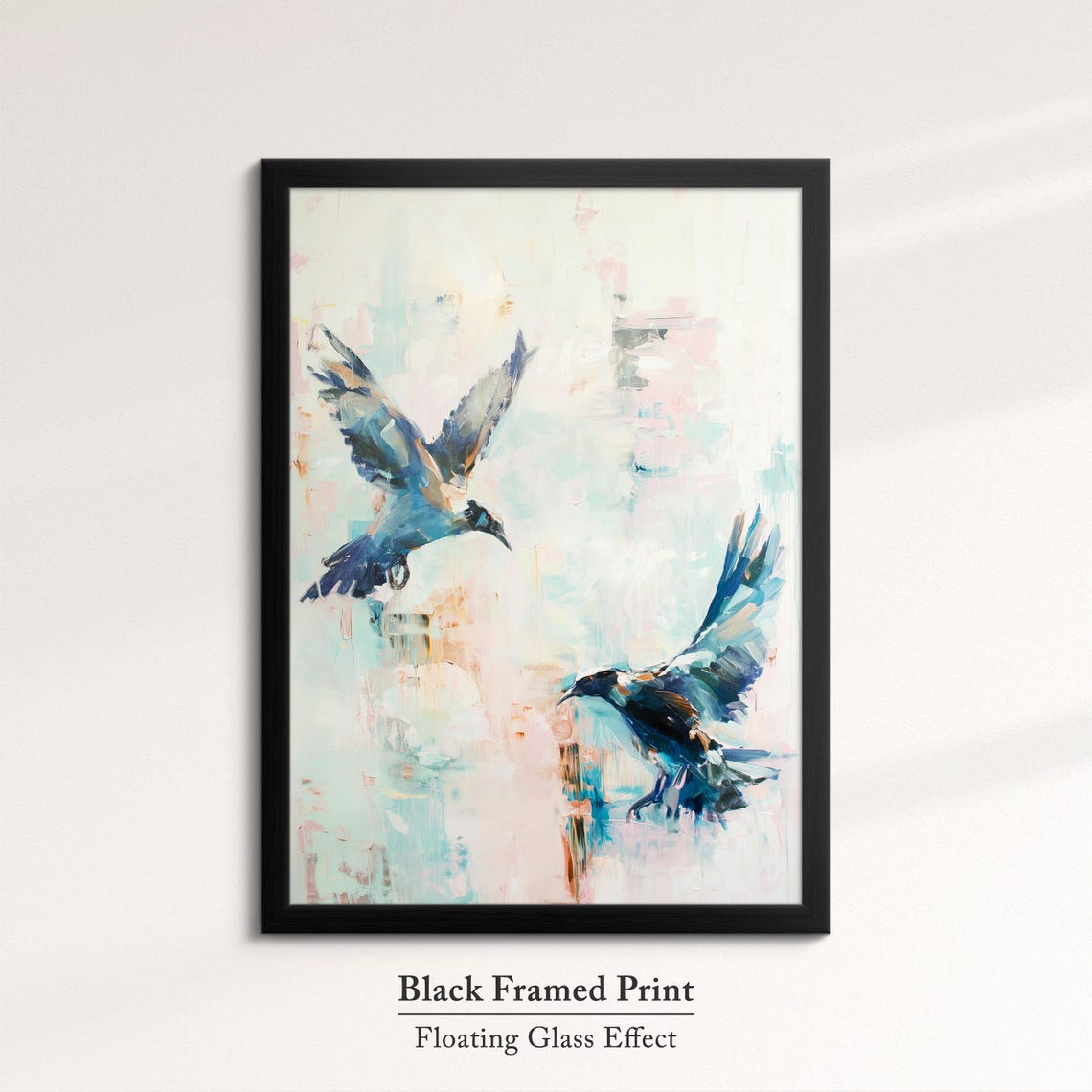 Two Crows In Flight Pastel Blue Watercolor Dark Bird Wall Art Poster - Image 8