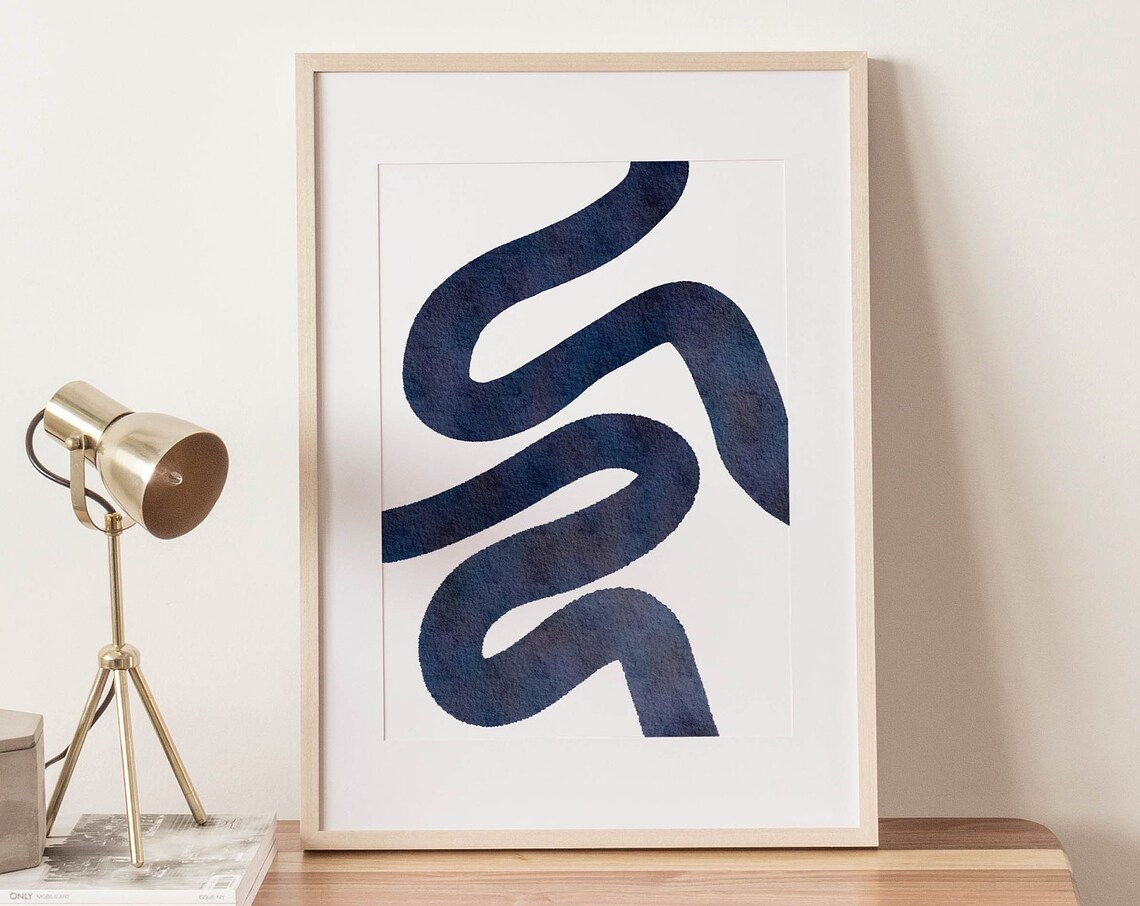 Navy Blue Wavy Brush Stroke Abstract Watercolor Minimalist Poster - Image 3