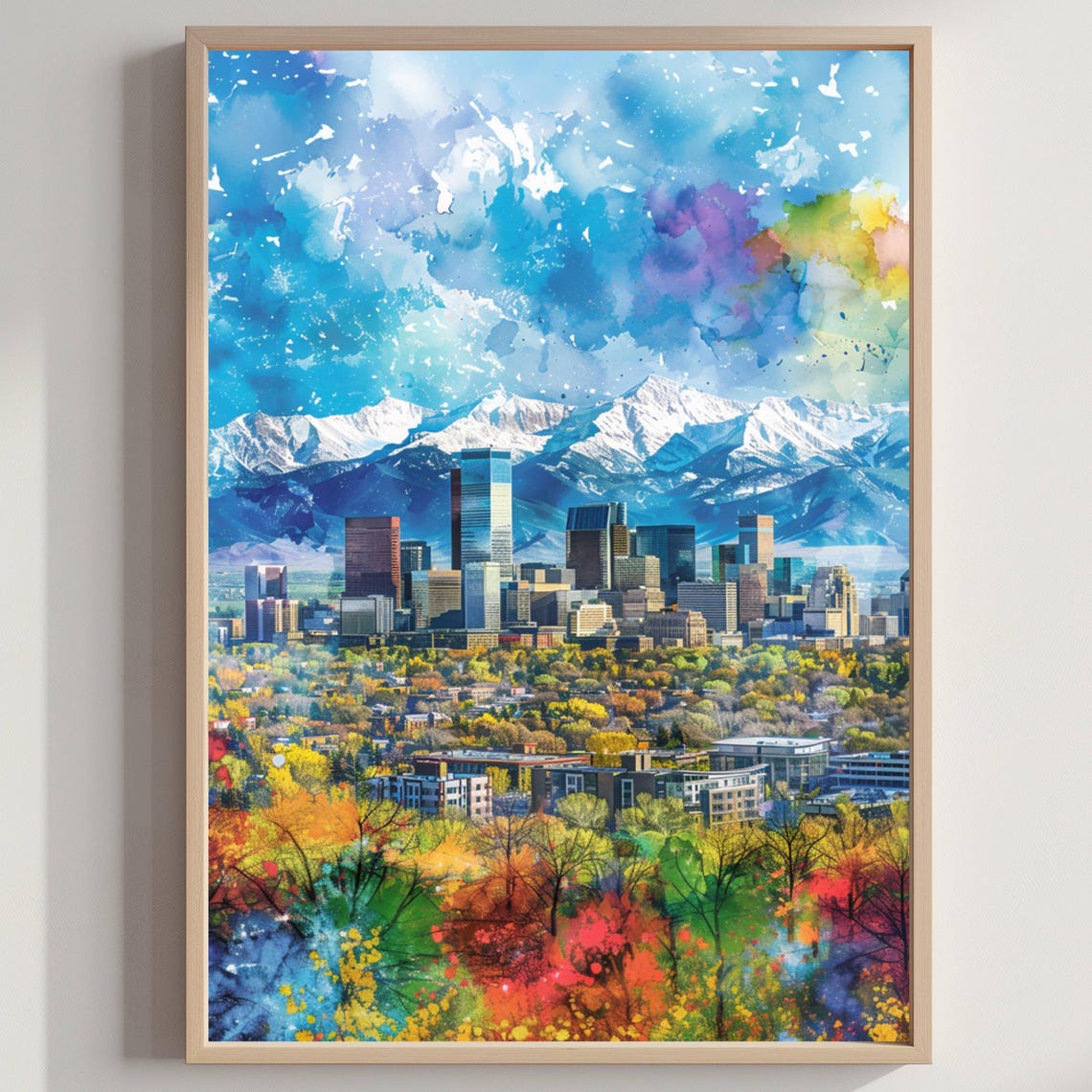 Denver Colorado Skyline Watercolor Snowy Mountain Winter Poster