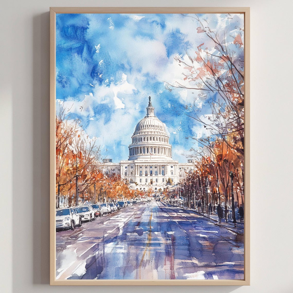 US Capitol Washington DC Autumn Dome Street Watercolor Poster