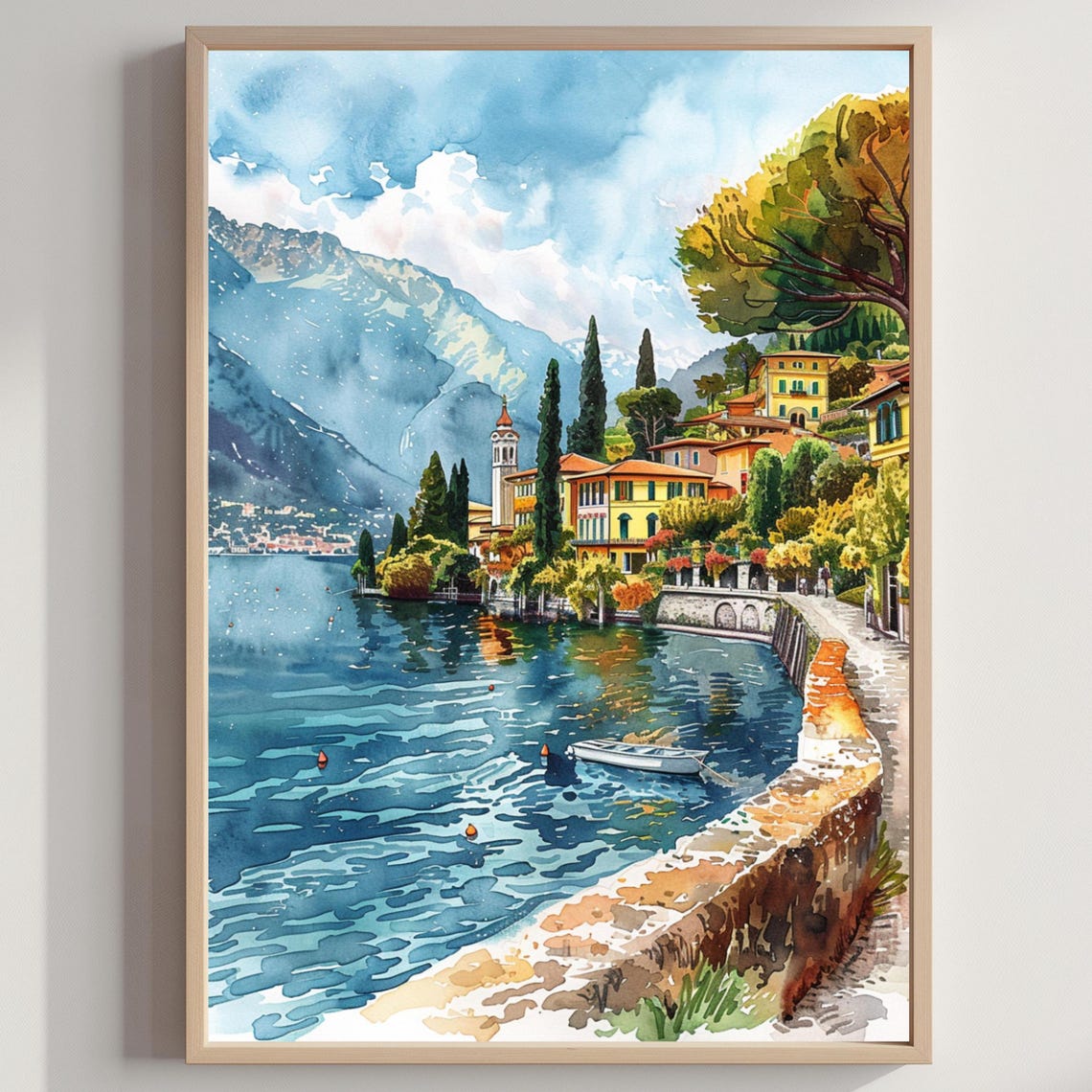 Italian Lake Village Watercolor Mountain Lakefront Scenery Poster