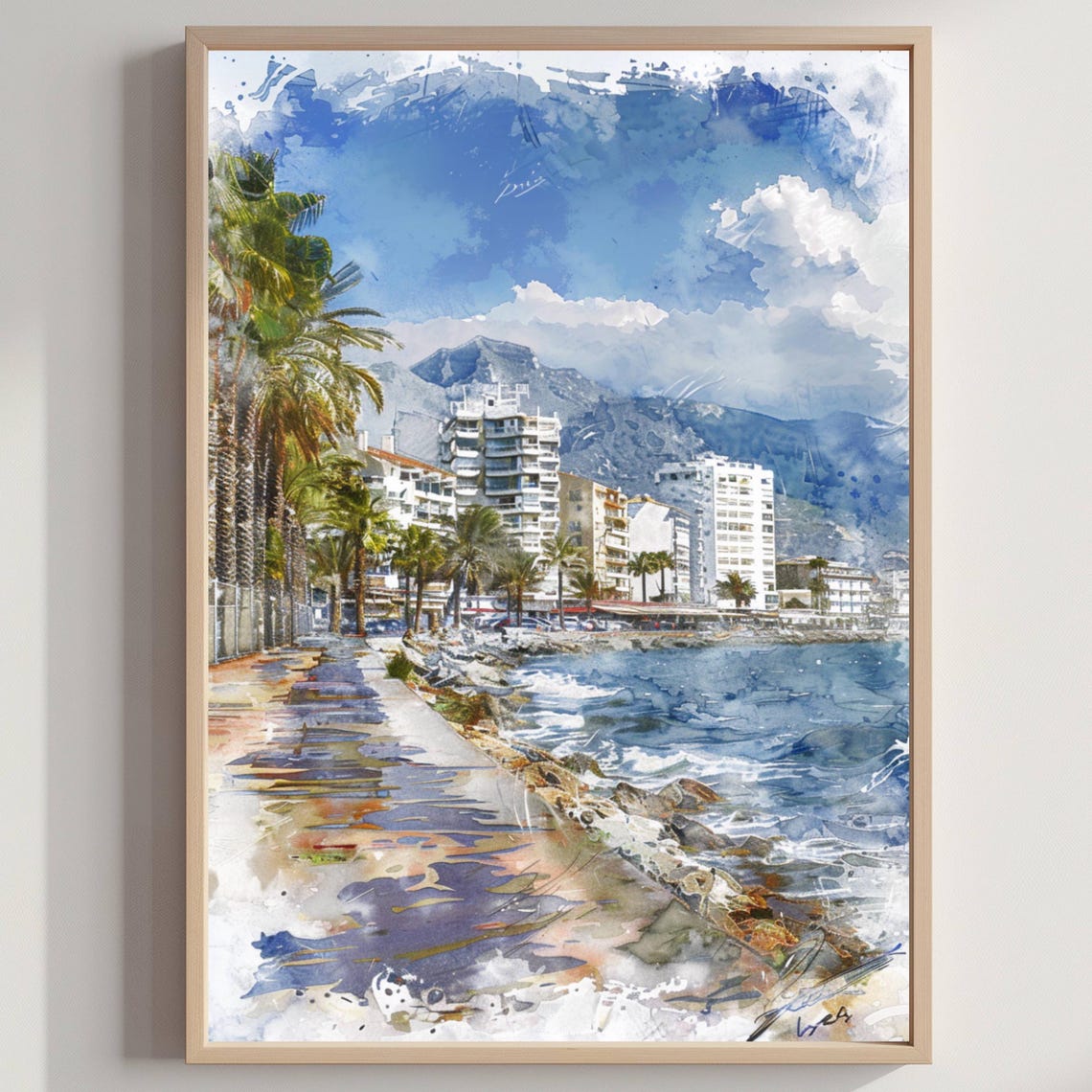 Mediterranean Coastal Promenade Palms Seaside Watercolor Poster