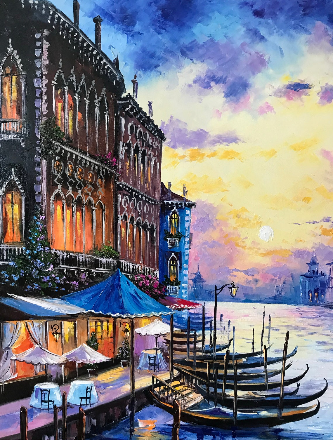 Venice Italy Oil Painting Italian Art Venetian Painting Sunset Artwork Italy Art Work Blue Yellow Grand Canal Oil Painting Original - Image 2