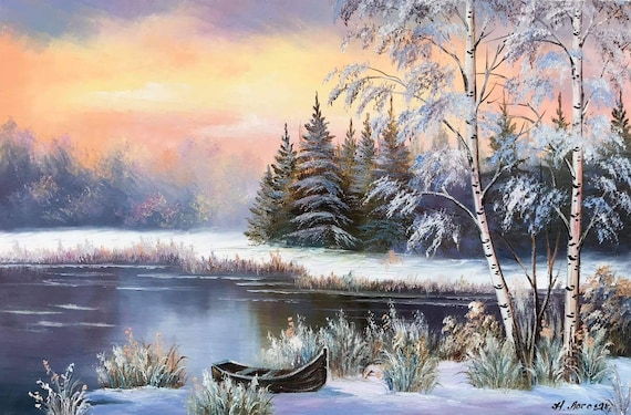 Stunning Winter Snow Sunset Painting Original Pine Tree Wall Decor Forest Painting On River Wall Art Winter Nature Oil Painting