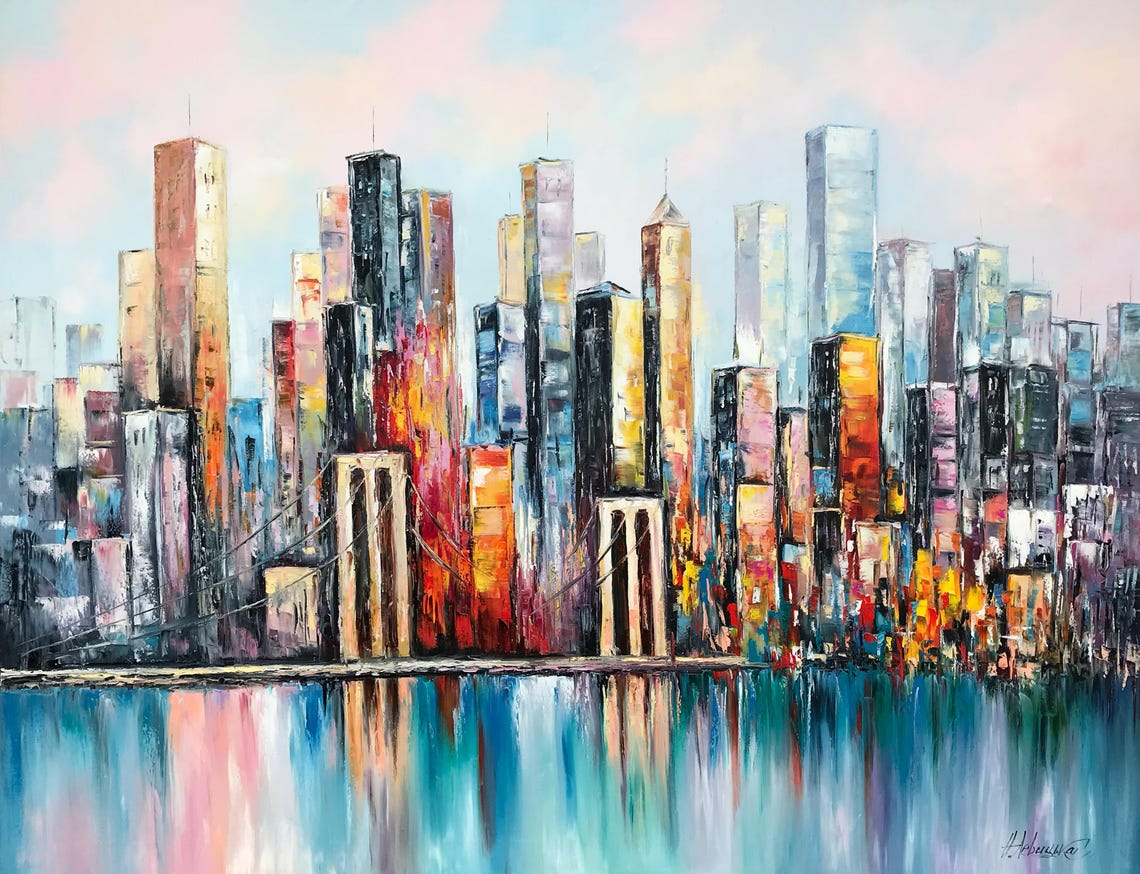 Abstract New York City Oil Painting Nyc Skyline Painting Extra Large Brooklyn Ny Modern Wall Art City Skyline Abstract Nyc Oil Painting