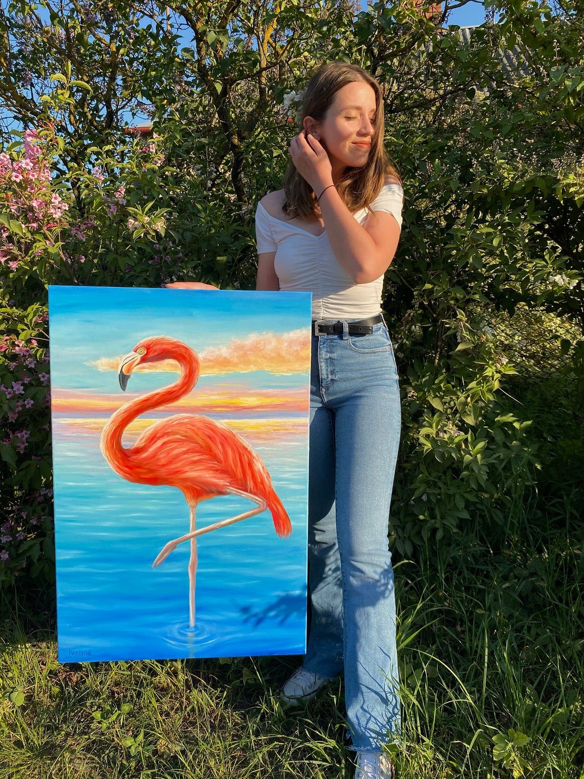 Pink Flamingo Standing In Turquoise Sunset Ocean Water Painting - Image 2