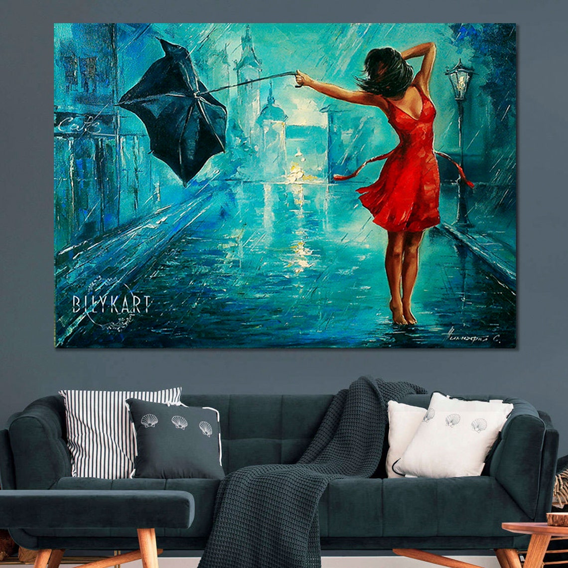 Girl With Umbrella Painting On Bansky Art Rainy Painting Rainy Day Wall Art Woman With Red Umbrella Oil Painting Original Artwork - Image 2
