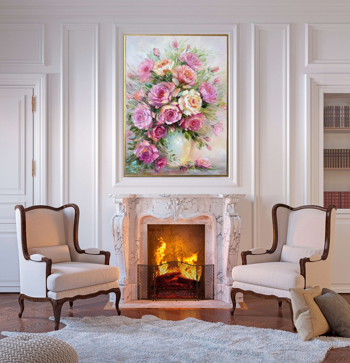 Pink Roses Oil Painting Original Flowers In A Vase Painting Classic Wall Art Pink Flowers Art Roses Bouquet Oil Painting Art Gift For Her - Image 3