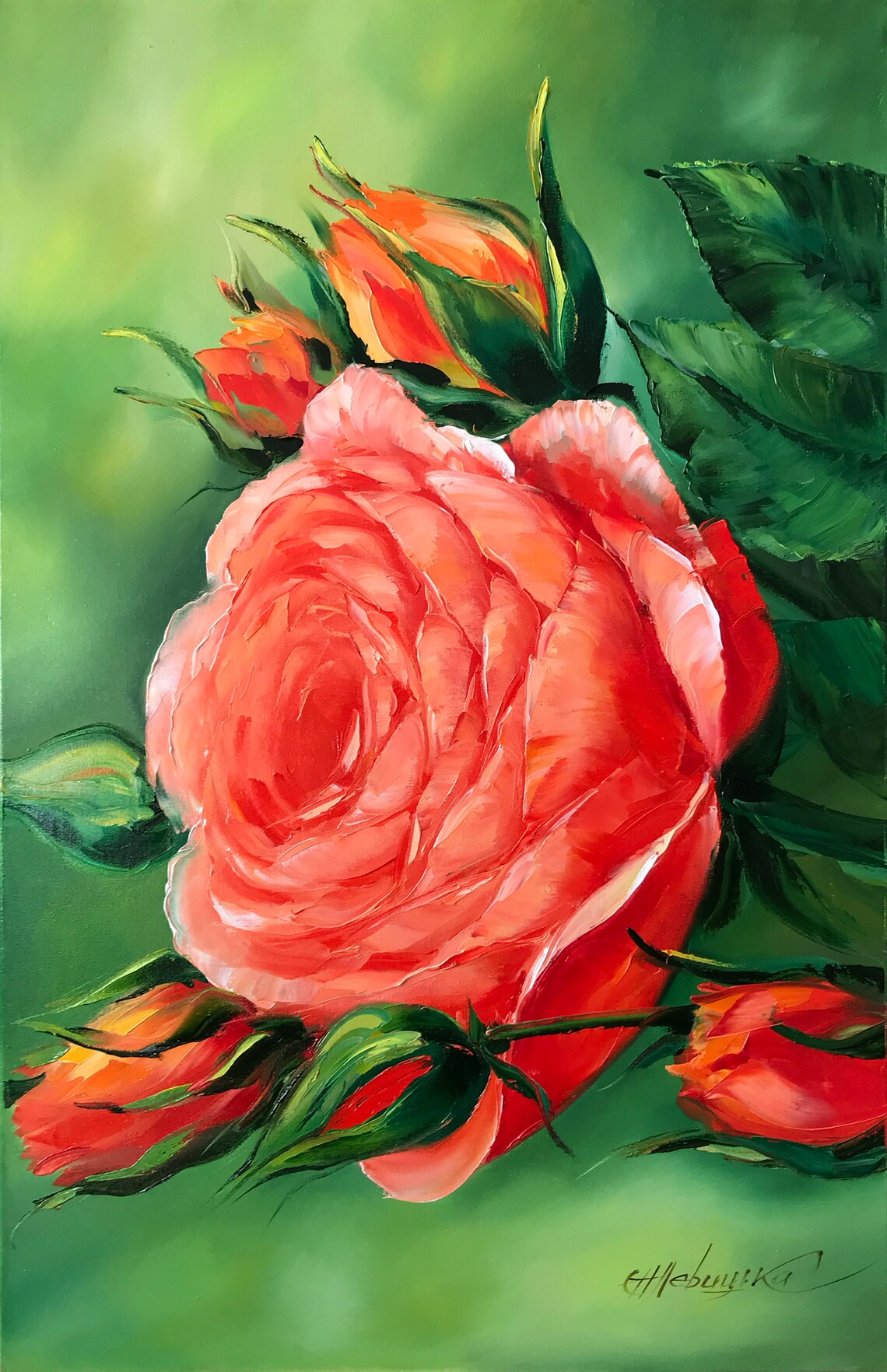 Big Red Rose Bloom Oil Painting Close-Up Floral Wall Art Poster - Image 2